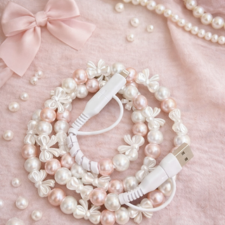 Pink and white pearl bow print 4-in-1 phone charger with fast charging and stylish feminine design for everyday use