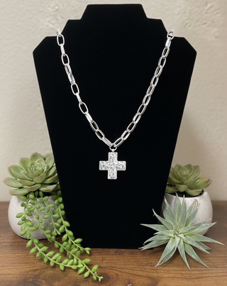 Hammered cross pendant necklace on silver tone open-link chain