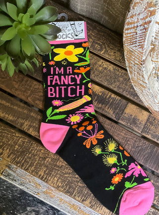 Funny black floral novelty socks for women with sarcastic quote boutique gift