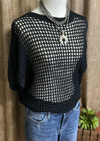 Black open crochet knit top with short sleeves, round neckline, and semi-sheer textured design