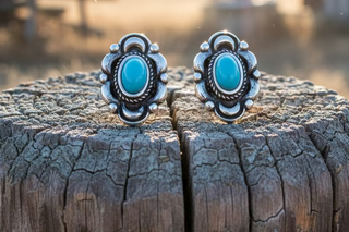 Small silver-tone western stud earrings with oval turquoise-style center stones and detailed metalwork, approximately 1/2 inch in size.