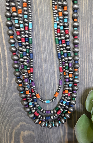five strand necklace with faux silver pearls and colorful bead accents western style