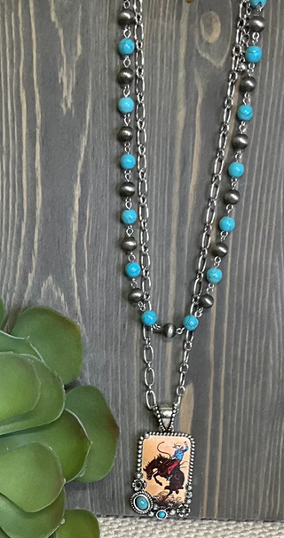layered western necklace bronc rider pendant turquoise beads silver chain
