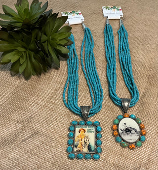 Multi strand turquoise necklace with vintage pendant statement western jewelry