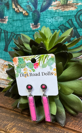 Faux silver post-back earrings with oval stone (green turquoise or hot pink) and matching stone bar drop, approx. 2" long