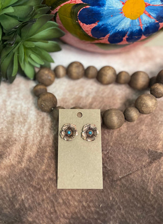 copper floral earrings with turquoise stone accent western boutique jewelry lightweight stud earrings