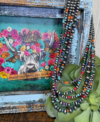 layered western necklace with silver pearl strands and multicolor beads statement jewelry