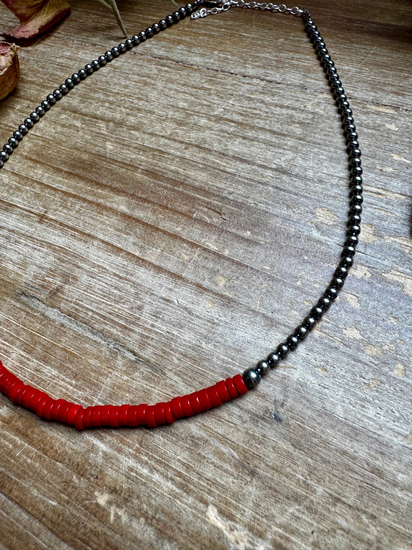 15-Inch Red Magnesite Heishi Necklace – Sterling Silver Pearls, Handmade