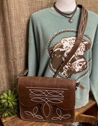 Texarkana Boot Stitch Crossbody in genuine leather with intricate boot stitch embroidery on front, back, and strap – classic western-style crossbody bag with snap flap closure.