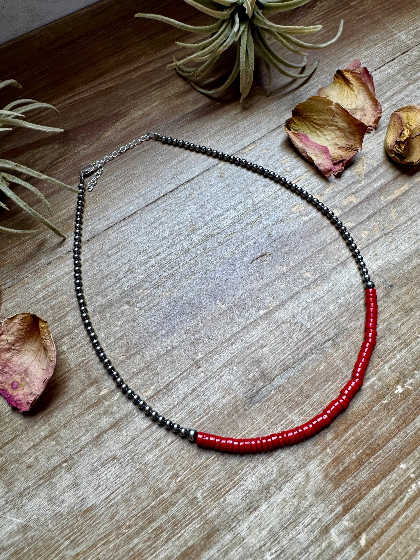 15-Inch Red Magnesite Heishi Necklace – Sterling Silver Pearls, Handmade