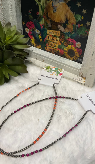 Silver bead necklace with coral and purple accents delicate layering jewelry