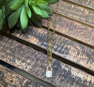 gold paperclip chain necklace with cz lock pendant modern edgy jewelry