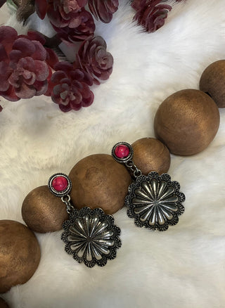 Western concho drop earrings with colorful stone posts in silver-tone and copper-tone finishes, approximately 1.5 inches long.