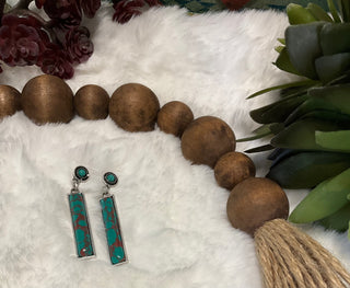 Faux silver post-back earrings with oval stone (green turquoise or hot pink) and matching stone bar drop, approx. 2" long