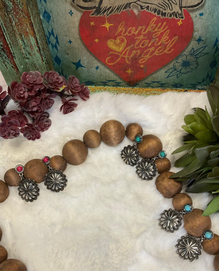 Western concho drop earrings with colorful stone posts in silver-tone and copper-tone finishes, approximately 1.5 inches long.