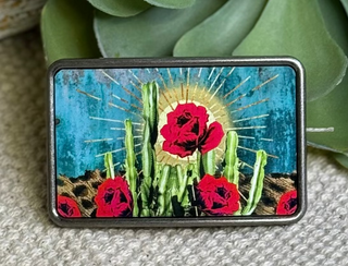 Boho western belt buckle with cactus and rose floral design colorful metal accessory