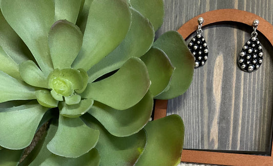 Silver-tone teardrop earrings with raised bubble-dot detailing, post-back drop style, displayed beside a green succulent