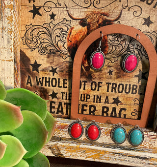 1" French hook earrings with oval faux stone center (turquoise, red, or magenta) framed in a silver-tone rope edge.