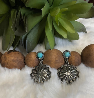 Western concho drop earrings with colorful stone posts in silver-tone and copper-tone finishes, approximately 1.5 inches long.