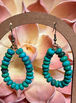 Teardrop French hook earrings featuring green turquoise rondelle beads, lightweight western-inspired design