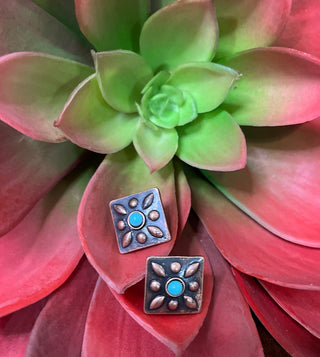 Copper-tone square stud earrings with turquoise center accent, post-back western design