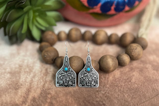silver-tone floral tooled earrings with turquoise accent western boutique jewelry lightweight