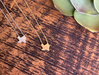 1845 Gold Dipped Texas Necklace with 16-inch chain, dainty Texas-shaped charm dipped in 14k yellow or white gold