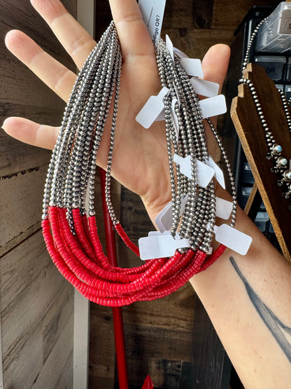 15-Inch Red Magnesite Heishi Necklace – Sterling Silver Pearls, Handmade