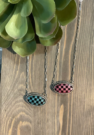 oval checkerboard cut pendant necklace turquoise pink options boutique jewelry