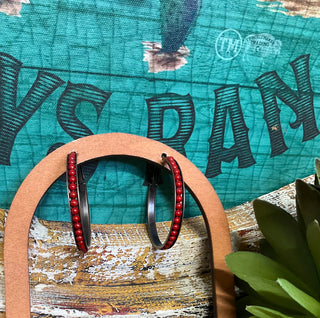 1.5" hoop earrings with channel-set red beads, lightweight western-inspired design