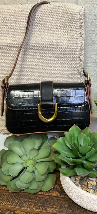 Crocodile embossed vegan leather satchel bag with gold hardware and crossbody strap