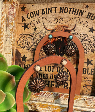 Western concho drop earrings with colorful stone posts in silver-tone and copper-tone finishes, approximately 1.5 inches long.