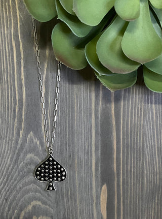 silver paperclip chain necklace with spade pendant bubble dot texture