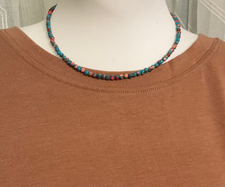 Colorful beaded choker necklace in hot pink and turquoise layered jewelry look