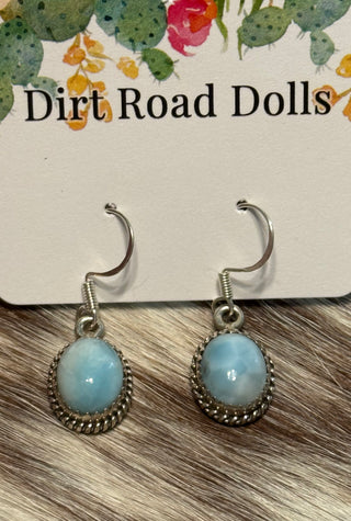 Sterling silver Larimar oval drop earrings with soft blue stone and white marbling western boutique jewelry