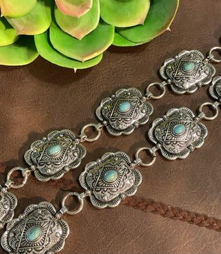 Classic concho belt with rectangular scalloped pieces and turquoise center stones