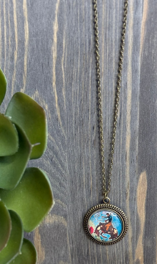 cowboy bronc necklace vintage western pendant bronze bezel jewelry