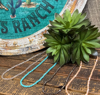 Sparkle Standard Beaded Necklace featuring multifaceted beads in turquoise, peach, champagne, and coffee shades, approx. 17 inches in length, lightweight and shimmering with every movement.