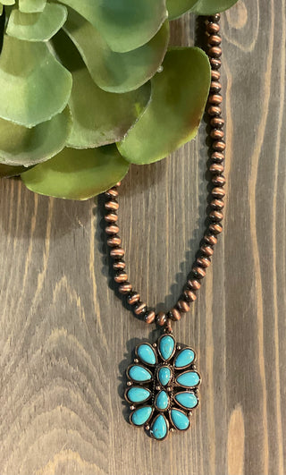 copper bead necklace with turquoise flower pendant western jewelry