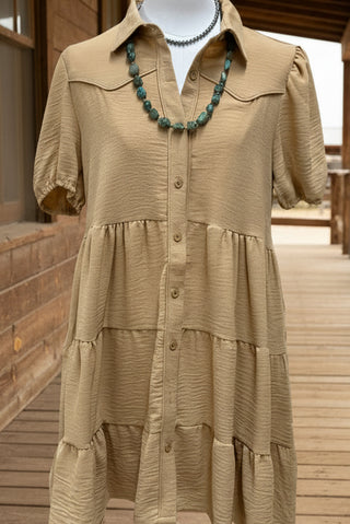 Beige western inspired dress with yoke detail and contrast piping, puff sleeve tiered boutique dress
