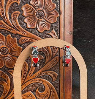 Silver-tone playing card suit earrings with heart, diamond, club, and spade accents