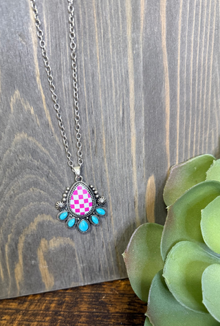 pink and white checkered teardrop pendant necklace playful statement jewelry
