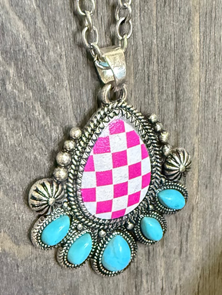 pink checkered pattern necklace teardrop pendant boutique jewelry