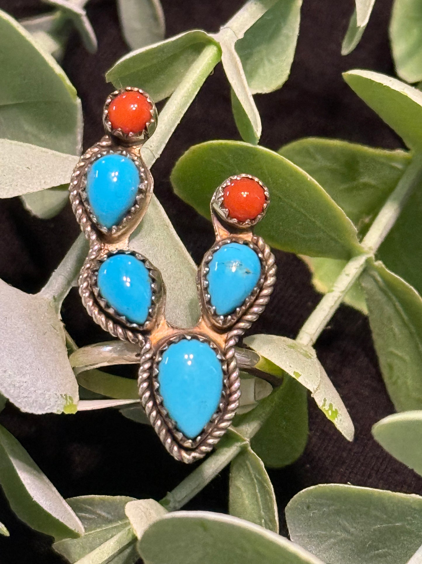Prickly Grace Turquoise and Coral Ring