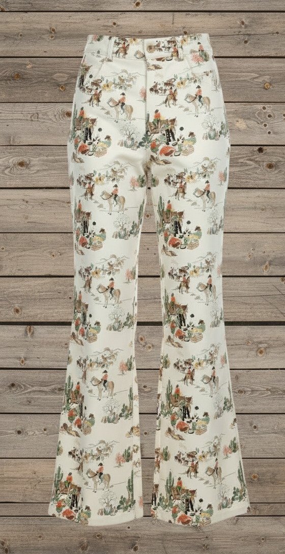 Western pattern trousers with a cream background