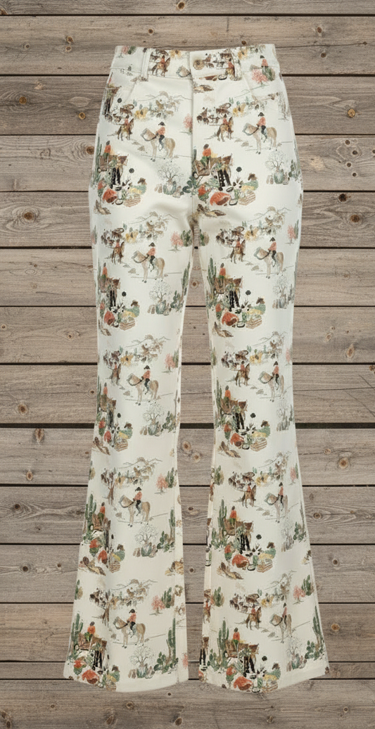 Western pattern trousers with a cream background