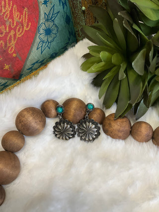Western concho drop earrings with colorful stone posts in silver-tone and copper-tone finishes, approximately 1.5 inches long.