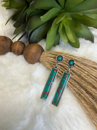 Faux silver post-back earrings with oval stone (green turquoise or hot pink) and matching stone bar drop, approx. 2" long