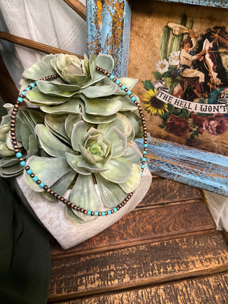 Copper bead necklace with turquoise  accents layered jewelry look