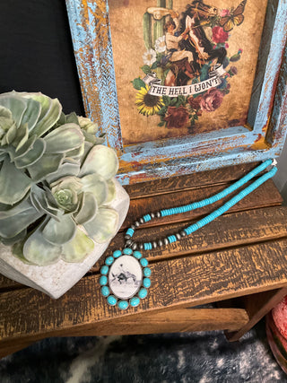 Bronc rider pendant necklace with turquoise stones and silver beads western statement jewelry